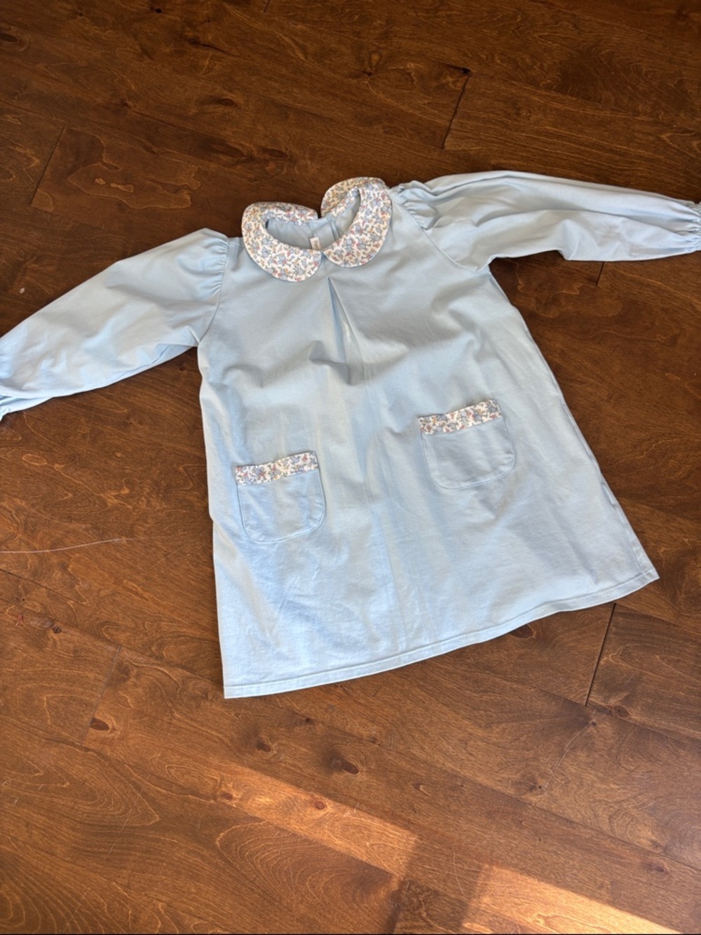 Light Blue Girls' Dress with Floral Collar and Patch Pockets